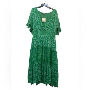 J Gee Womens Plus 3X Green Floral Boho Maxi Dress Short Sleeve NEW